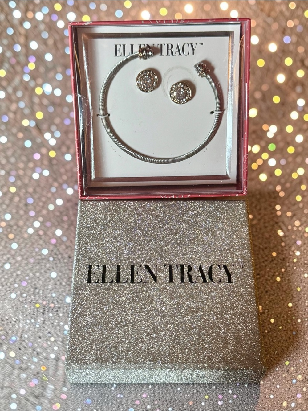 Ellen Tracy Silver-Tone Cuff Bracelet with Crystal Stud Earrings